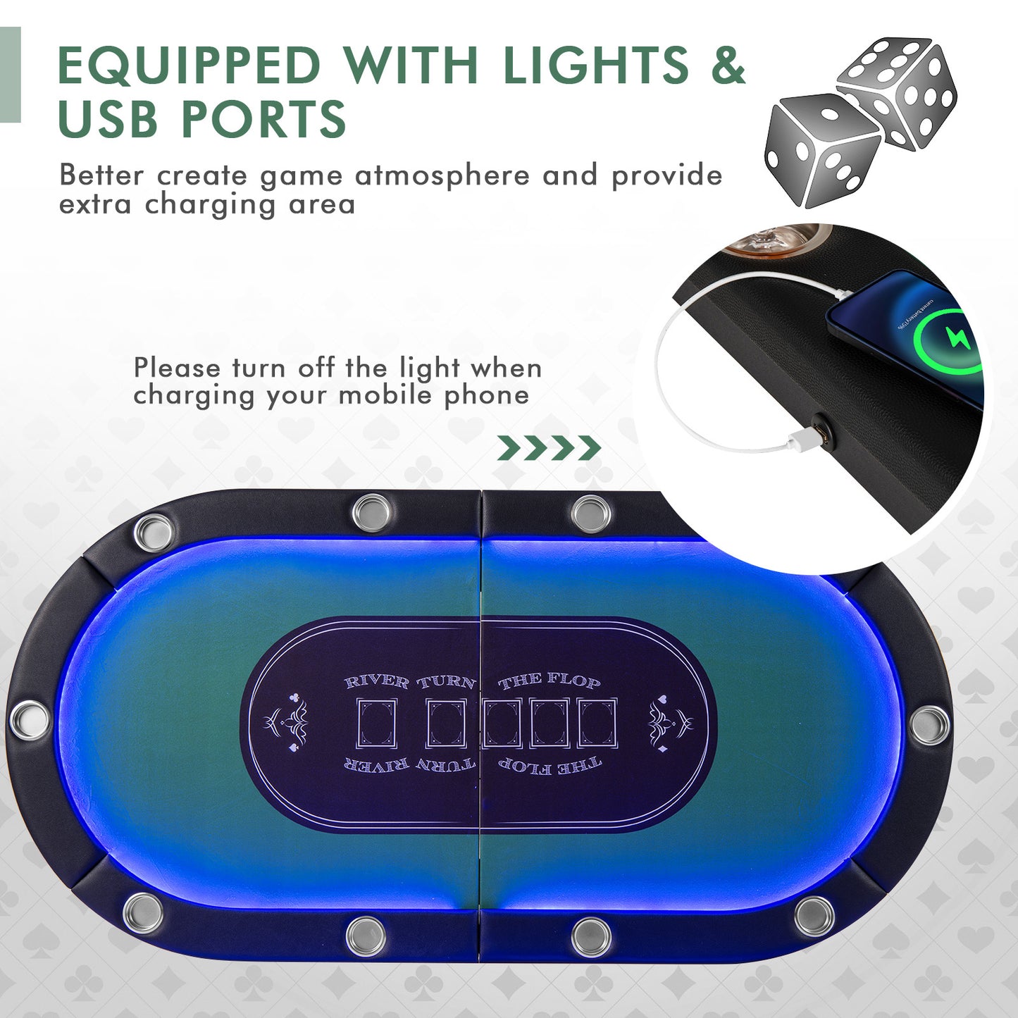 Foldable 10-Player Poker Table with LED Lights and USB Ports Ideal for Texas Casino-Green