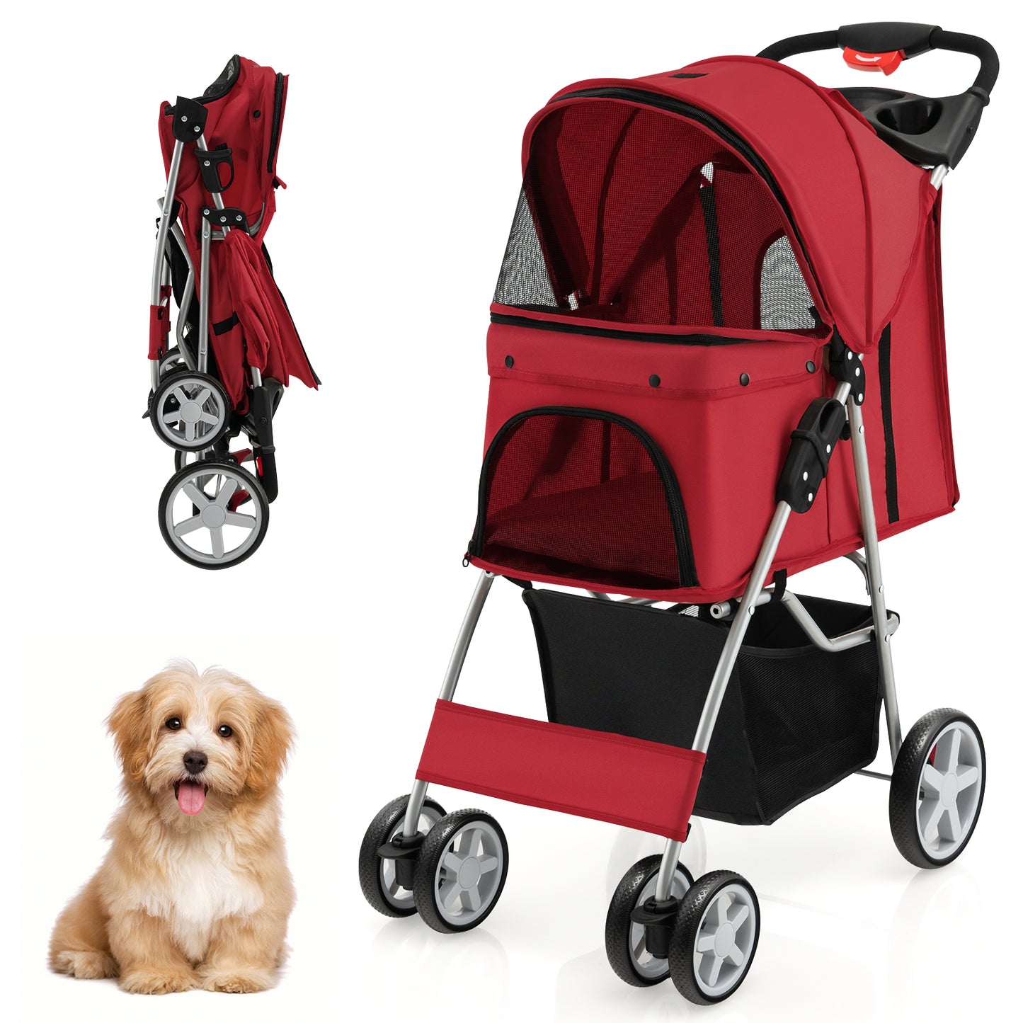 Folding Pet Stroller with Storage Basket and Adjustable Canopy-Beige - Red
