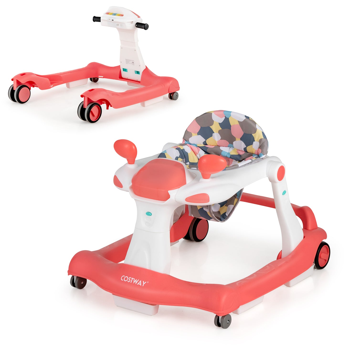 2-in-1 Foldable Activity Push Walker with Adjustable Height-Black - Orange