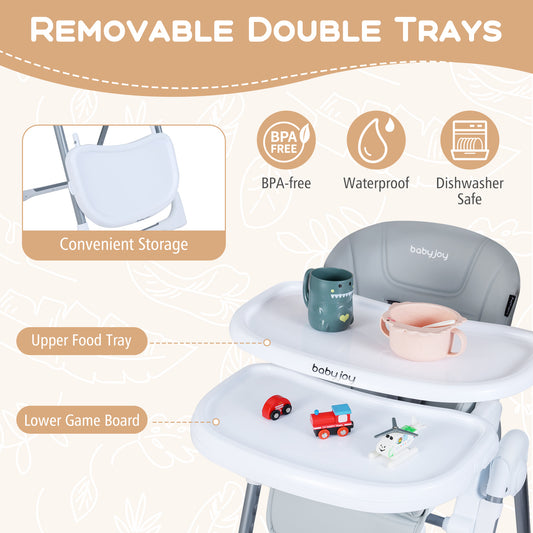 Foldable Baby High Chair with Adjustable Height and Relining Seat-Light Gray