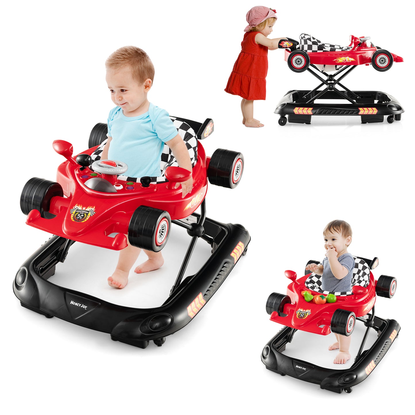 Convertible Baby Walker with 3 Adjustable Height Settings-Red - Red