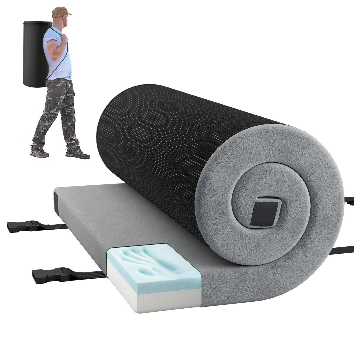 Foldable Camping Mattress with High density foam Cushion and Anti-slip Bottom-Navy - Gray