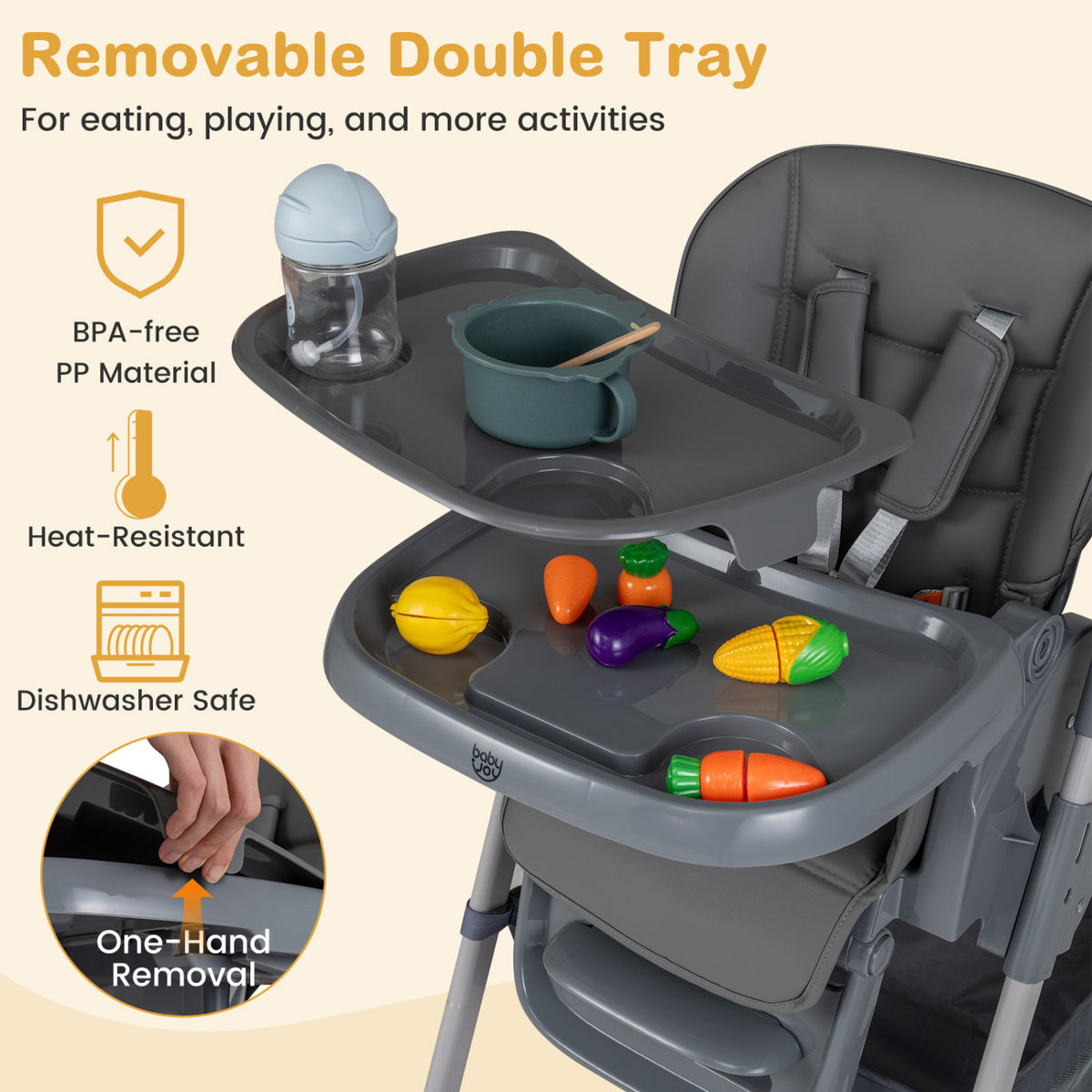 Foldable High Chair with 7-Level Height Adjustment - Gray