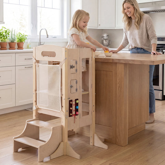 Foldable Toddler Step Stool Wooden Kitchen Standing Tower with 2