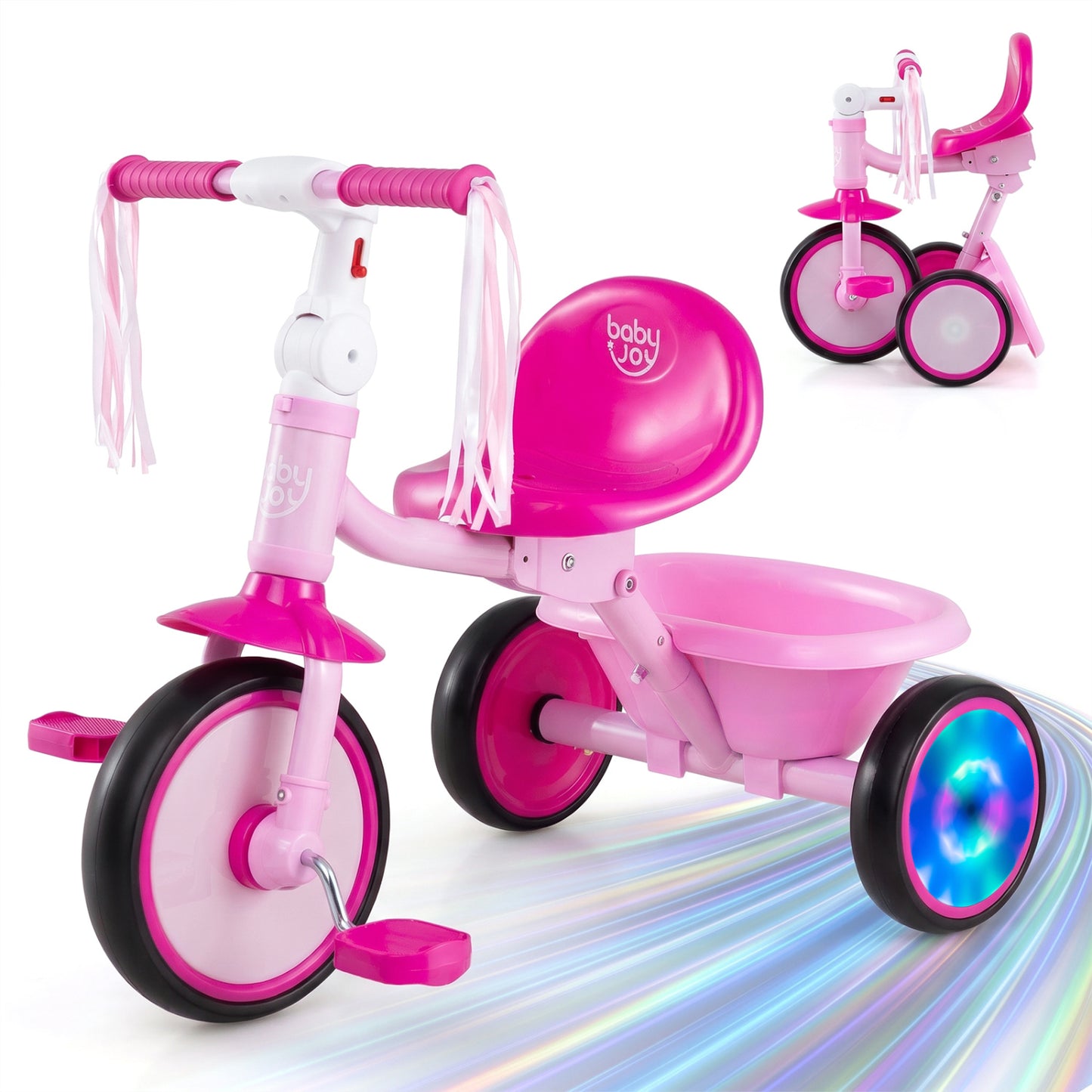 Foldable Toddler Tricycle with Lighting Wheels and Basket
