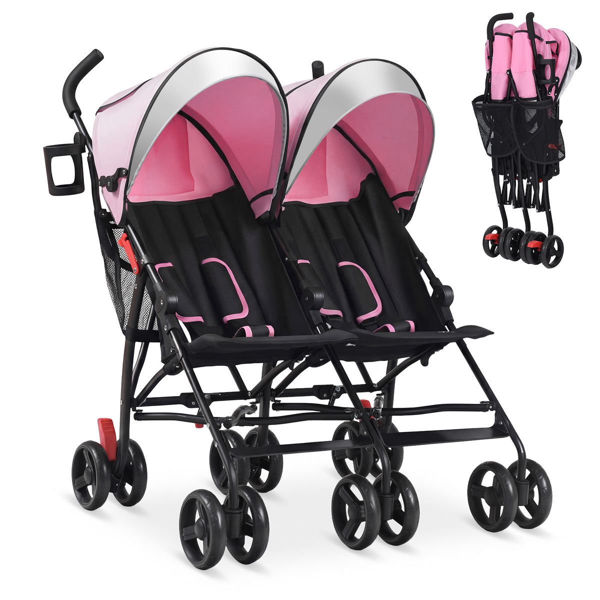 Foldable Twin Baby Double Stroller Ultralight Umbrella Kids Stroller-Black - Pink