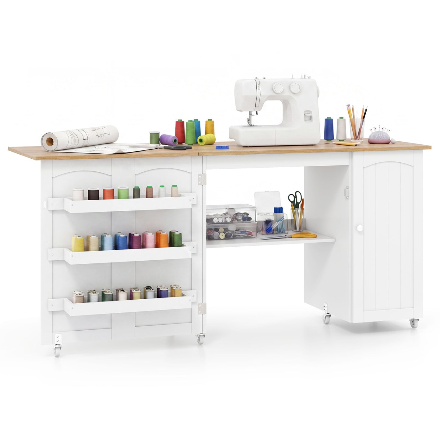 Folding Sewing Table Shelves Storage Cabinet Craft Cart with Wheels-Natural - Beige