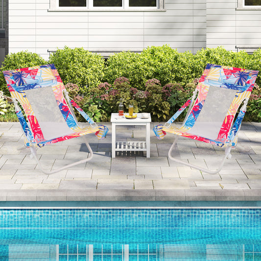 Folding Low Beach Chair Set of 2 Patio Sling Chairs with Padded Head Pillow-Pink