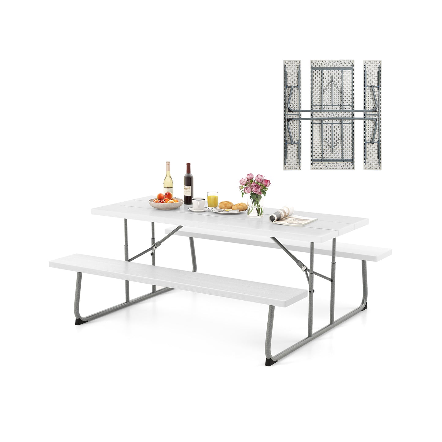 Folding Picnic Table Set with Metal Frame and All-Weather HDPE Tabletop Umbrella Hole-Green - White