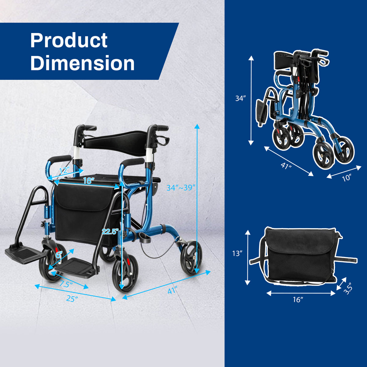 Folding Rollator Walker with 8-inch Wheels and Seat-Navy - Navy