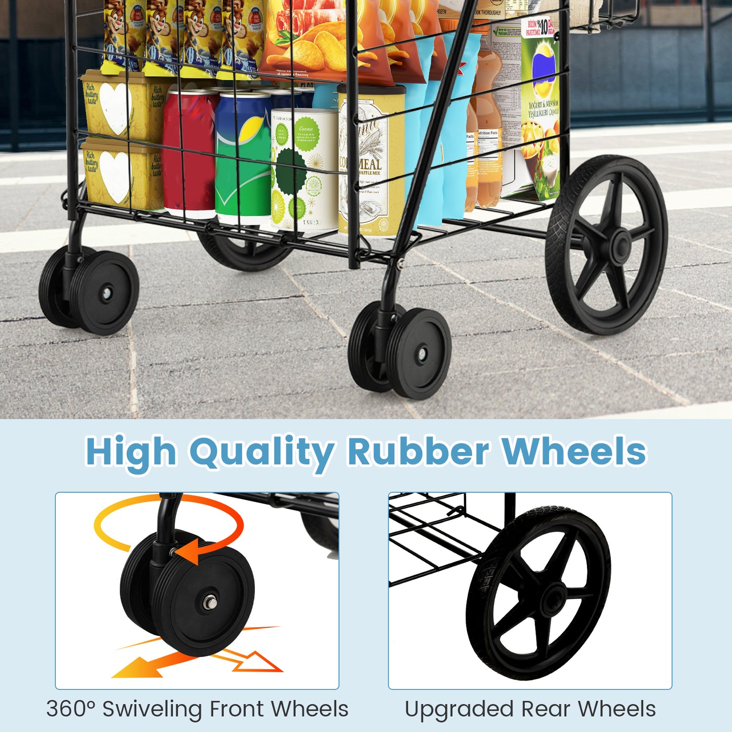 Folding Shopping Cart for Laundry with Swiveling Wheels and Dual Storage Baskets