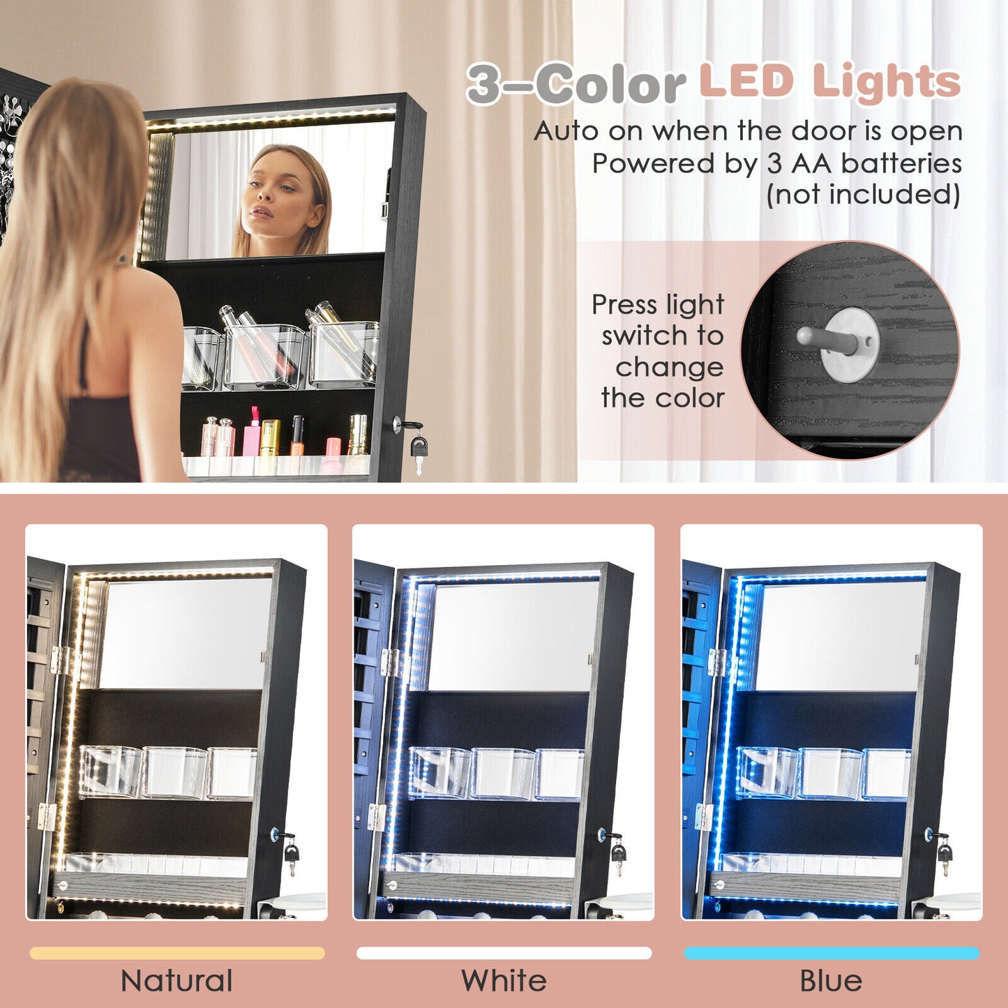 Freestanding Jewelry Cabinet with Full Length HD Mirror