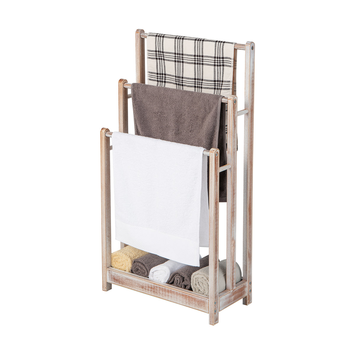 Freestanding Towel Rack 3-Bar Hand Towel Drying Stand with Bottom Storage Shelf-Rustic Brown - White