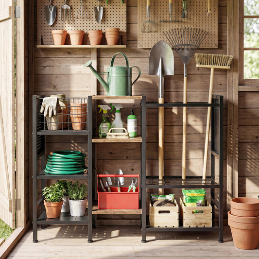 Garden Tool Organizer with Wooden Shelves for Garage and Shed
