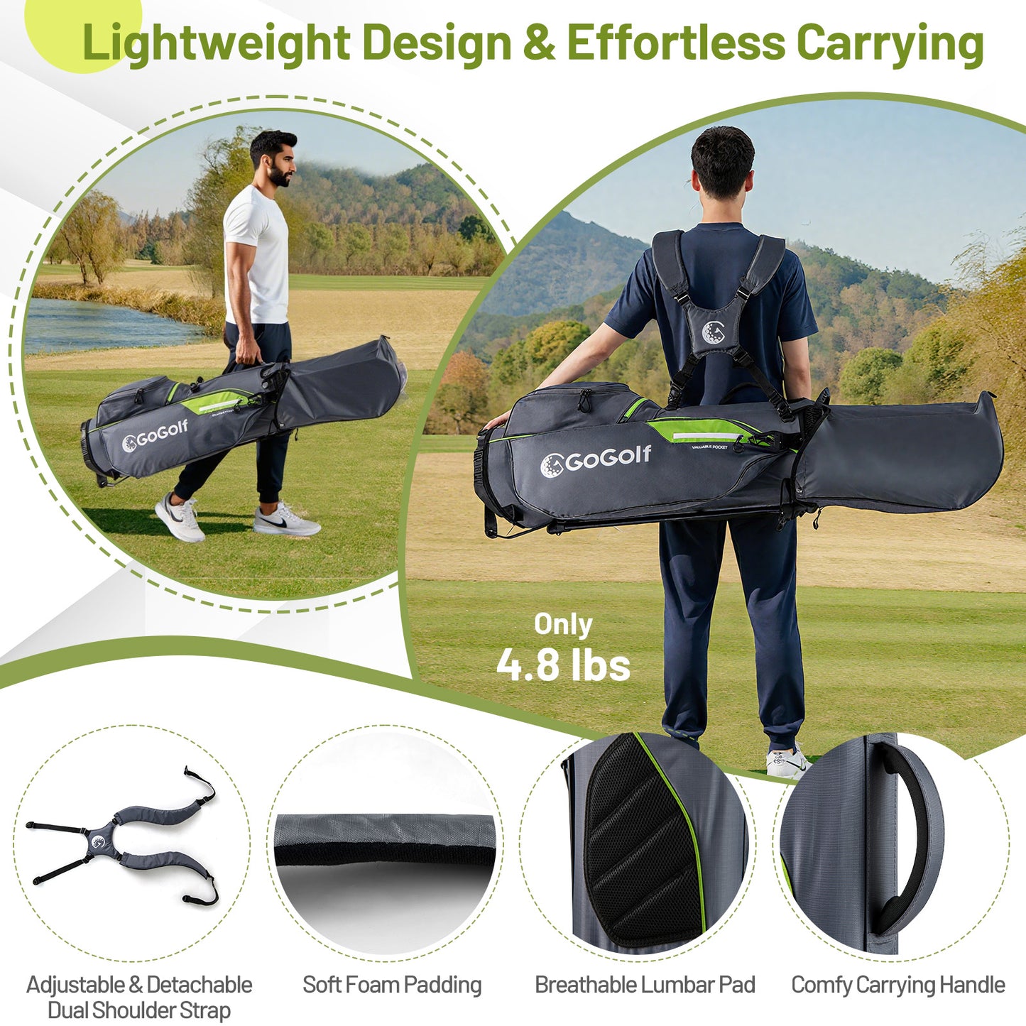 Golf Stand Bag Lightweight Golf Bag with 8 Way Top Dividers and 5 Zippered Pockets-Gray
