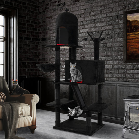 Gothic Cat Tree with 2 Cat Condos and Spooky Dangling Ball for Indoor Cats-Black