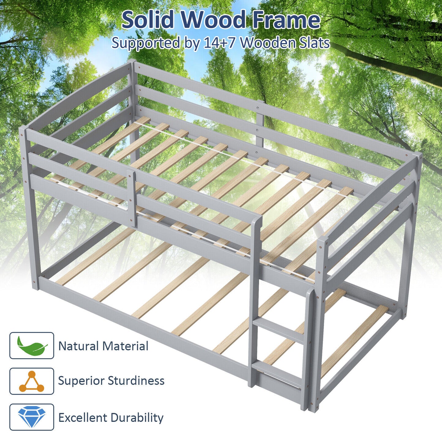 Twin Size Bunk Bed with High Guardrails and Integrated Ladder-Gray