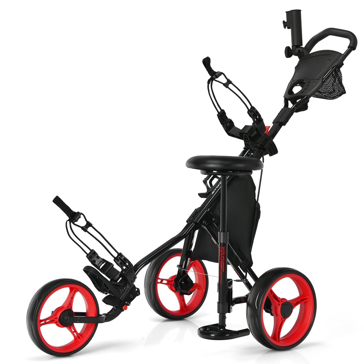 3 Wheels Folding Golf Push Cart with Seat Scoreboard and Adjustable Handle-Green - Red