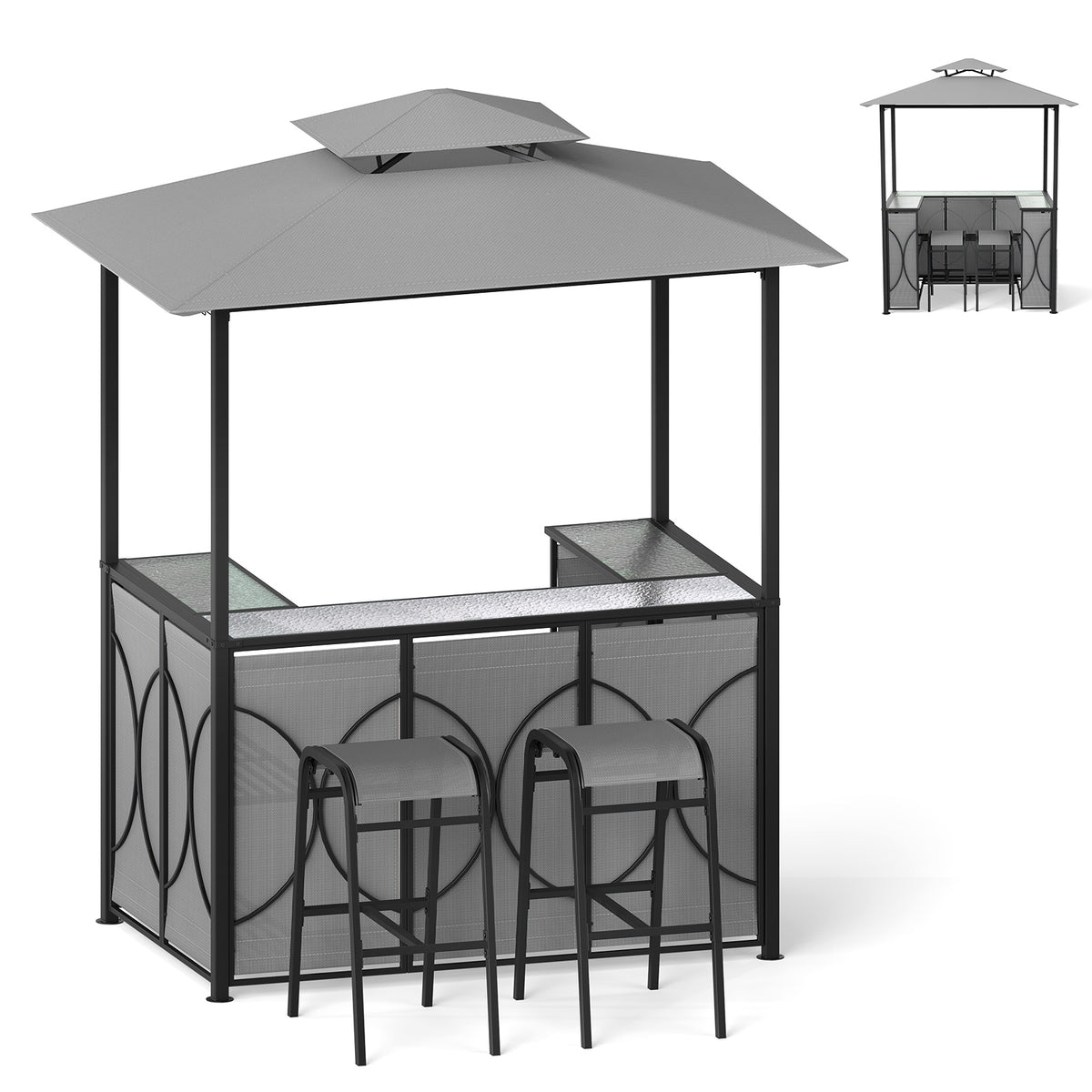 6.5 x 4 x 8 FT Grill Gazebo Set with 2 Bar Stools and Bar Table-Brown - Gray