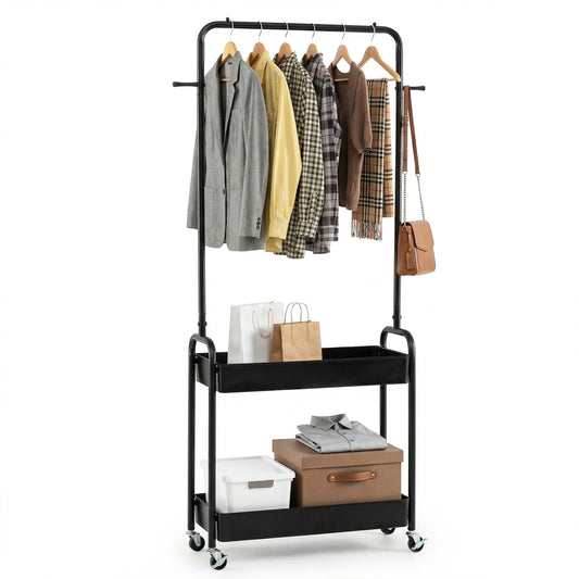 Heavy-Duty Laundry Cart with Hanging Rod and 2 Storage Baskets for Bedroom