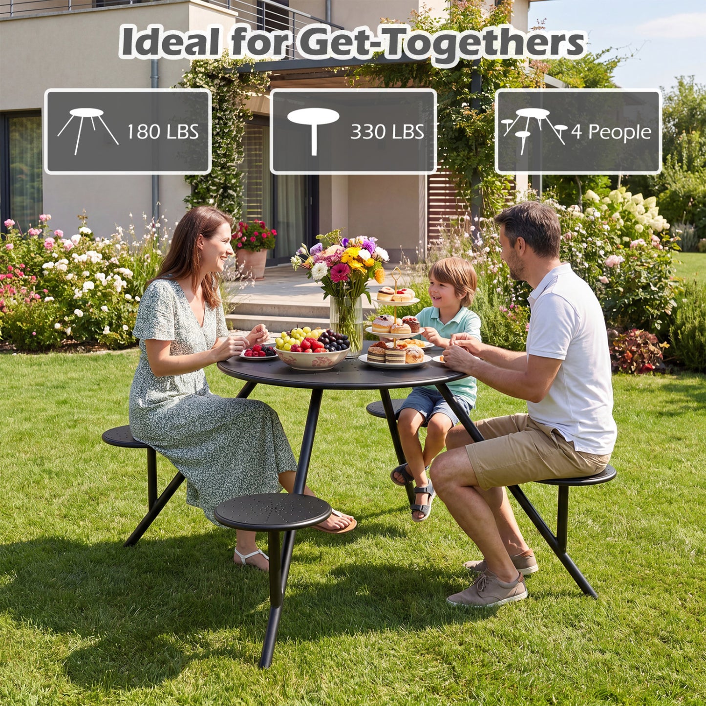 Round Picnic Table for 4 with Umbrella Hole and Iron Seats
