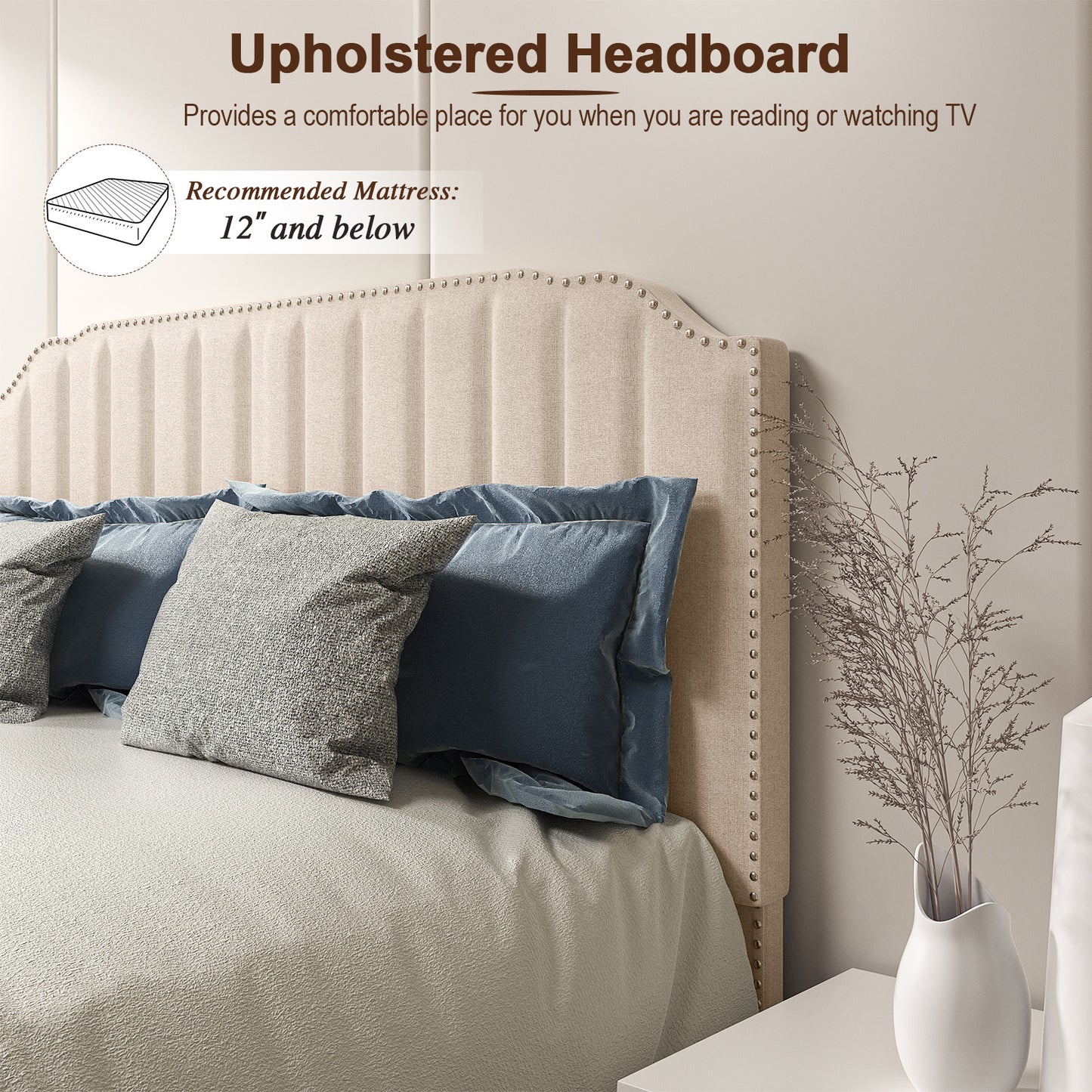 Heavy Duty Upholstered Bed Frame with Rivet Headboard-Full Size