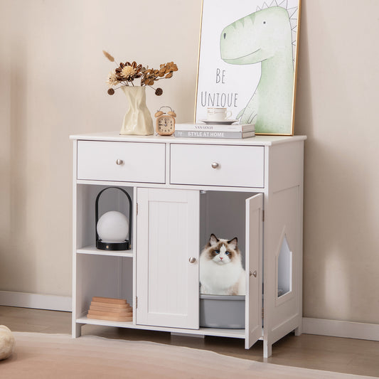 Hidden Cat Washroom Side Cabinet Wooden Pet House with 2 Drawers-White