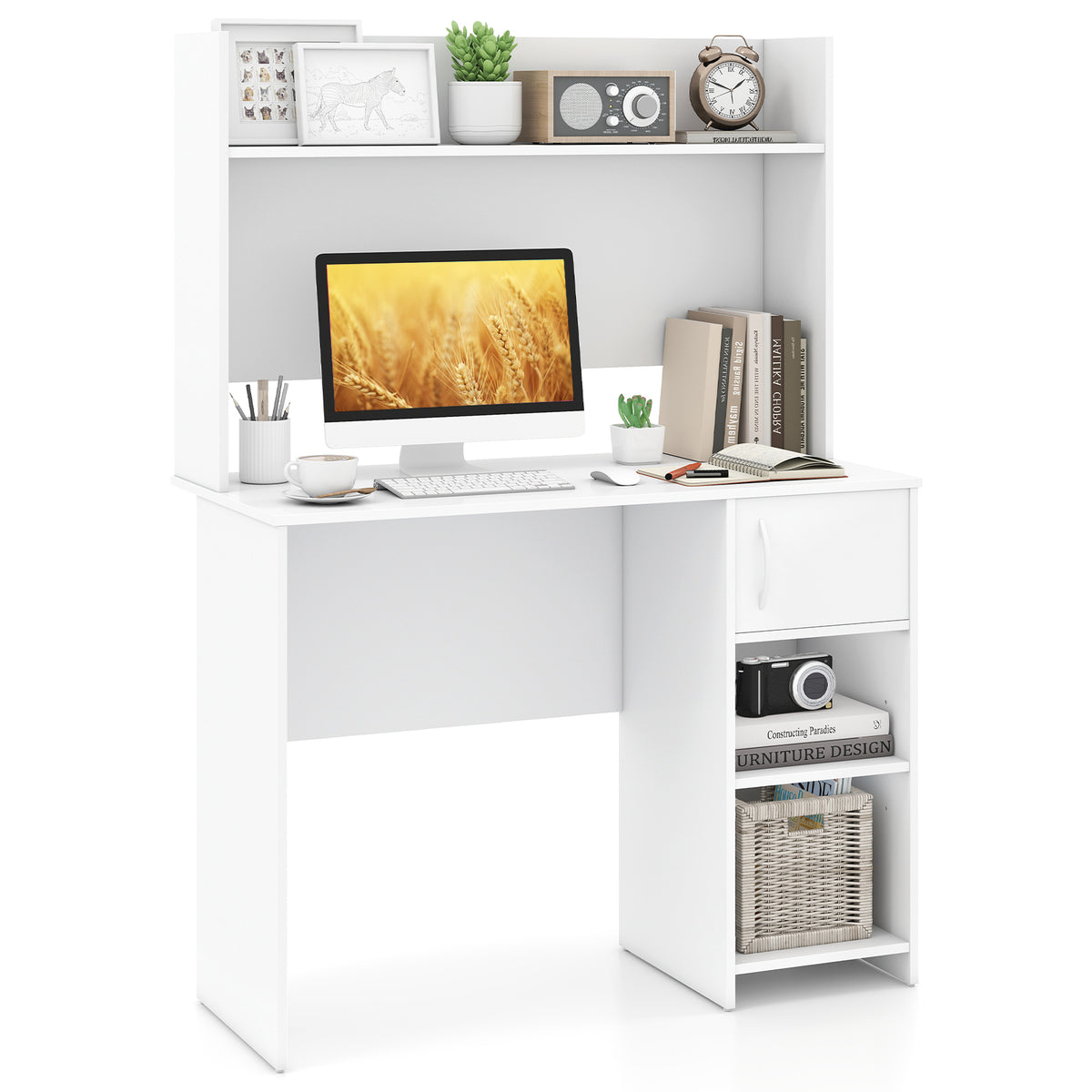 Home Office Desk with Raised Display Shelf and 2 Open Shelves-Gray - White