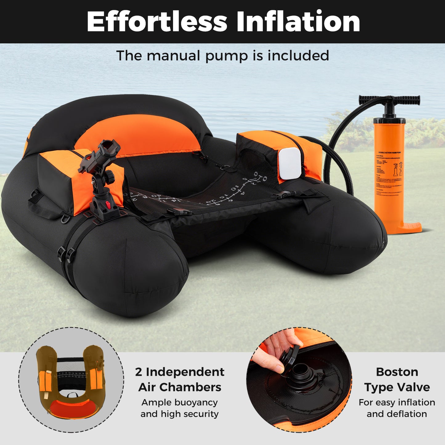 Inflatable Float Tube with Adjustable Fishing Rod Holder and Fish Hook Stator-Orange