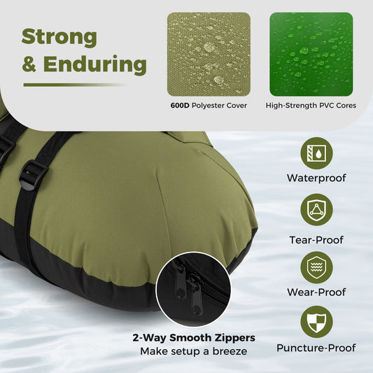 Inflatable Float Tube with Adjustable Fishing Rod Holder and Fish Hook Stator-Green