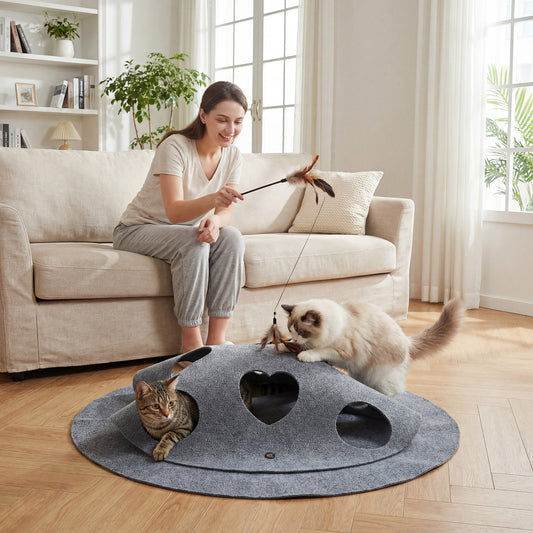 Interactive Foldable Cat Tunnel for Indoor Cats 40” Round Large Enrichment Play Felt Mat