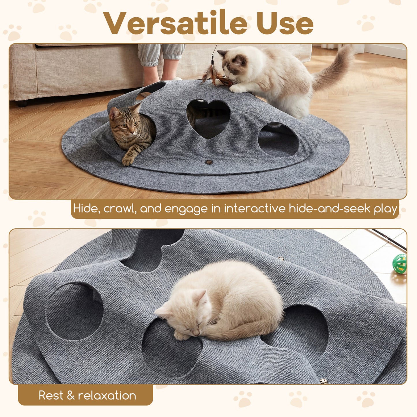 Interactive Foldable Cat Tunnel for Indoor Cats 40” Round Large Enrichment Play Felt Mat