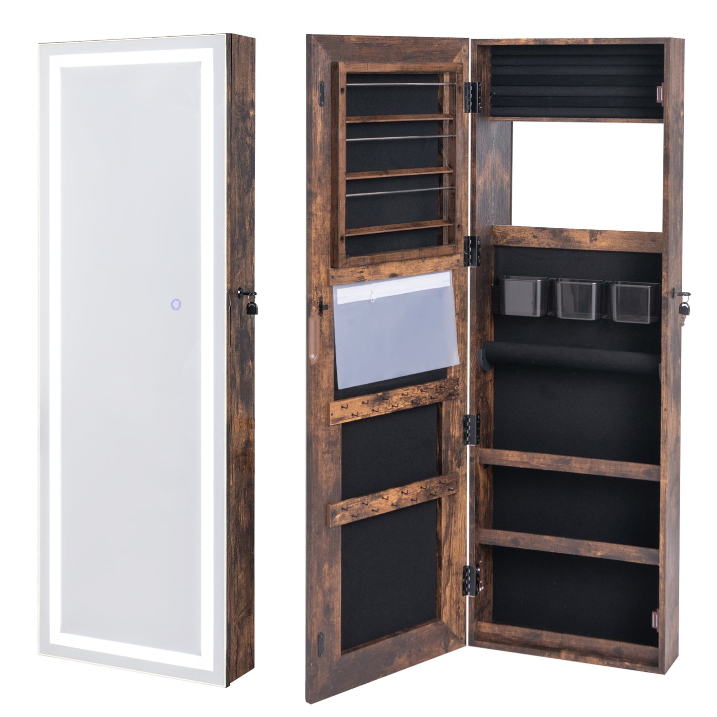 Mirrored Jewelry Armoire with Full Length Mirror and 2 Internal LED Lights-Rustic Brown - Rustic Brown