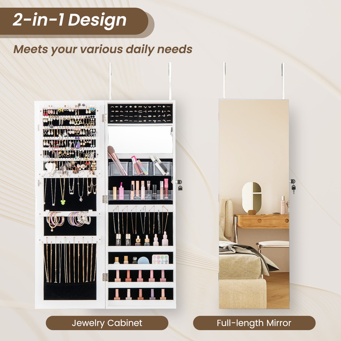 43.5 Inch Jewelry Mirror Cabinet with Full-length Mirror and Adjustable Hangers-White