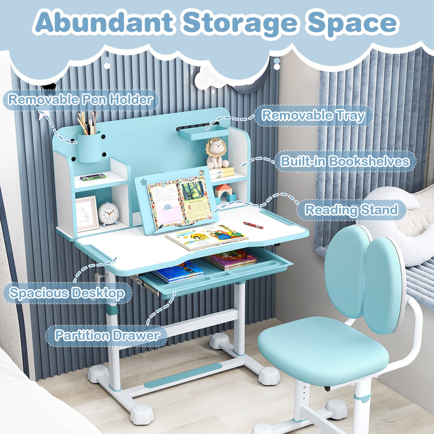 Kid's Study Desk and with Tilt Desktop and Pen Holder-Blue