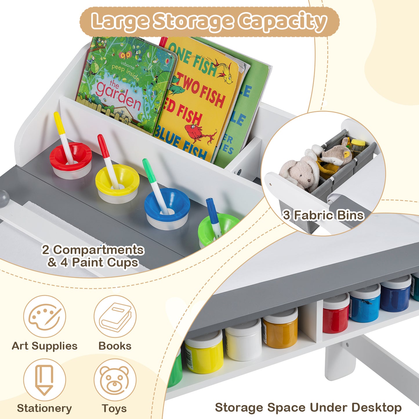 Kids Art Table and Chair with Paper Roll and Fabric Bins for Drawing Reading Studying Playing-Gray