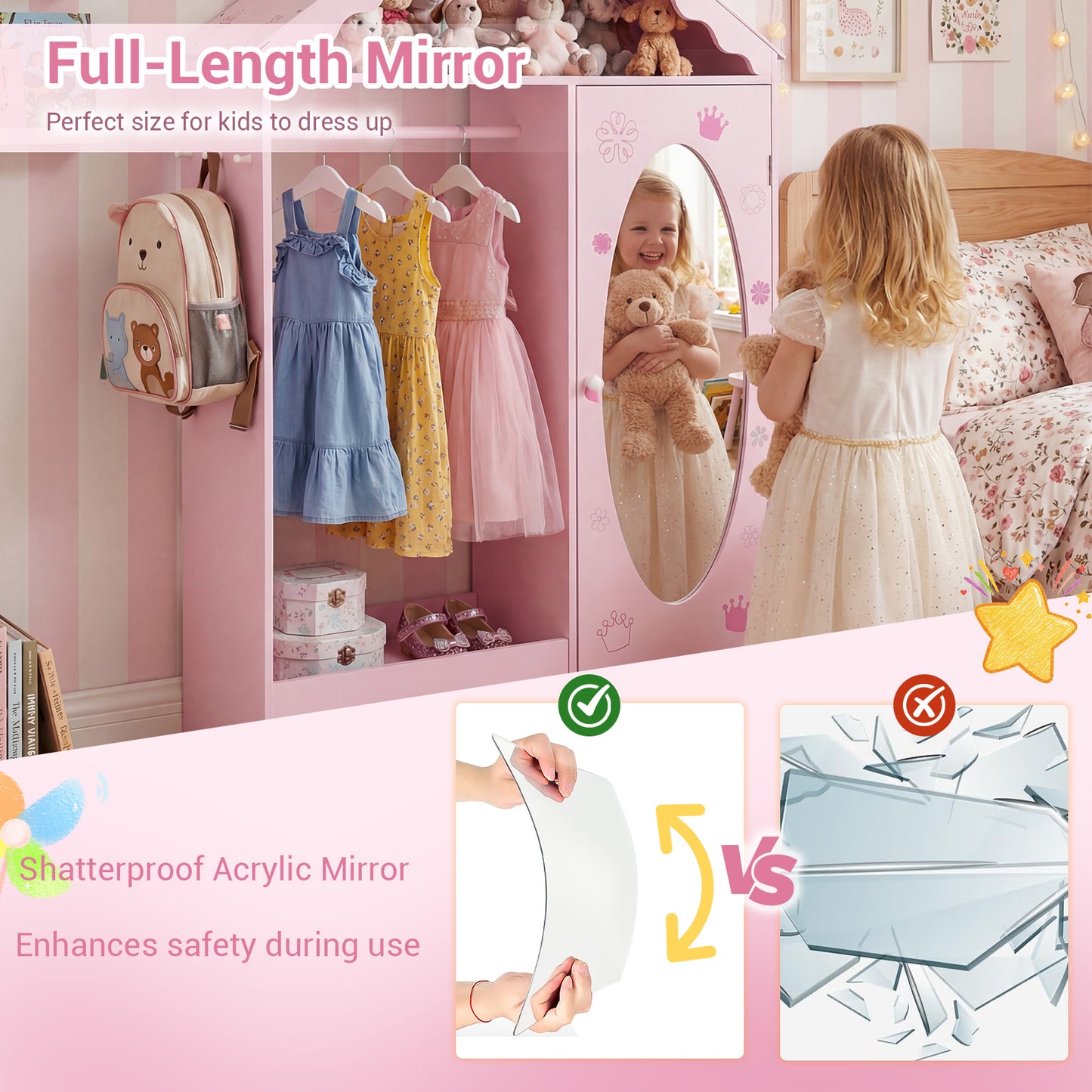 Kids Dress Up Storage with Mirror Roofed Wardrobe Closet with Open Hanging Rack-Pink