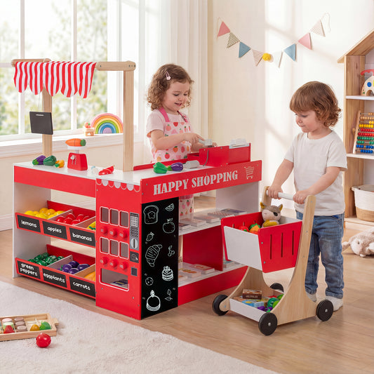 Kids Grocery Store Playset Wooden Pretend Play Supermarket with Shopping Cart-Red