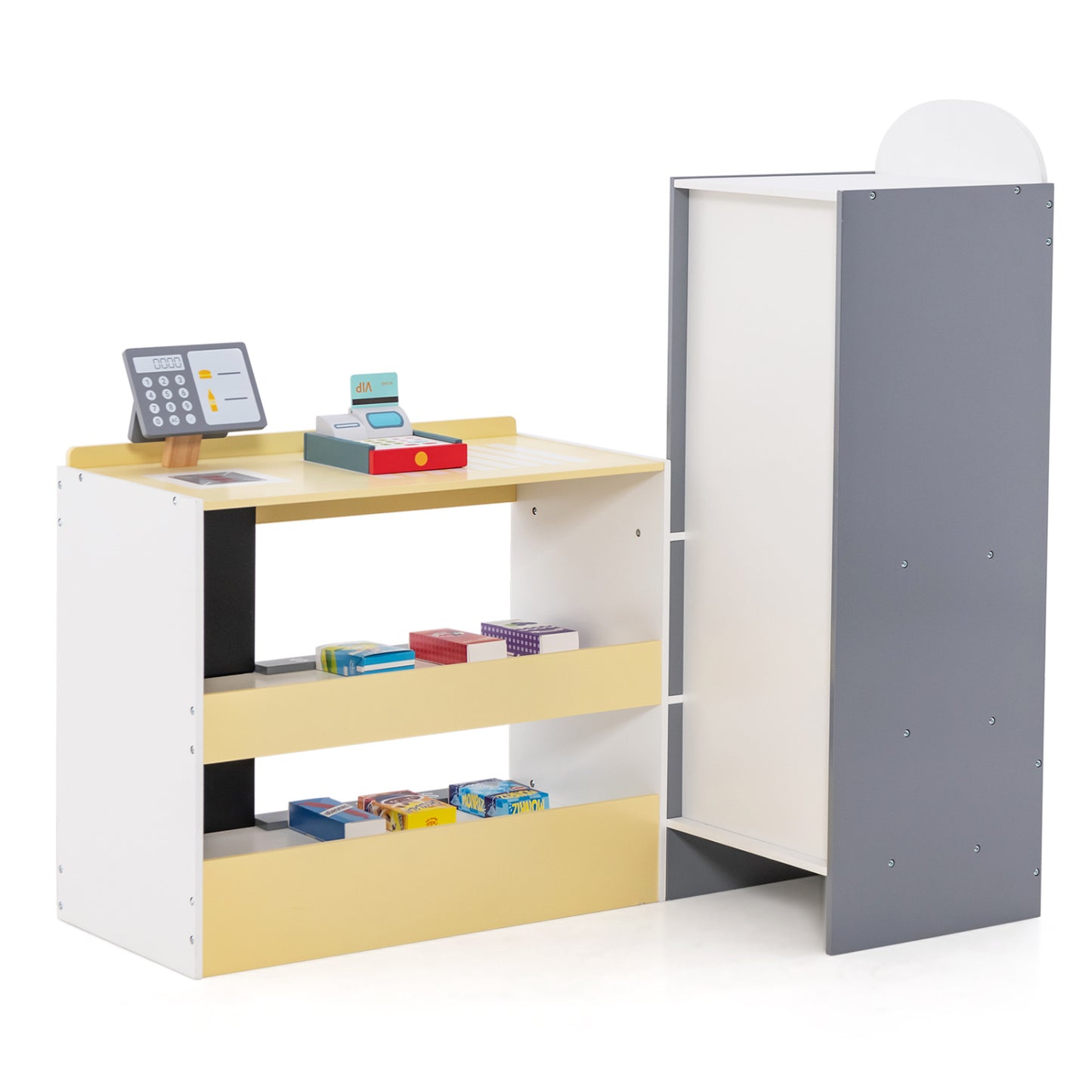 Kids Grocery Store Playset with Cash Register POS Machine-Gray - White