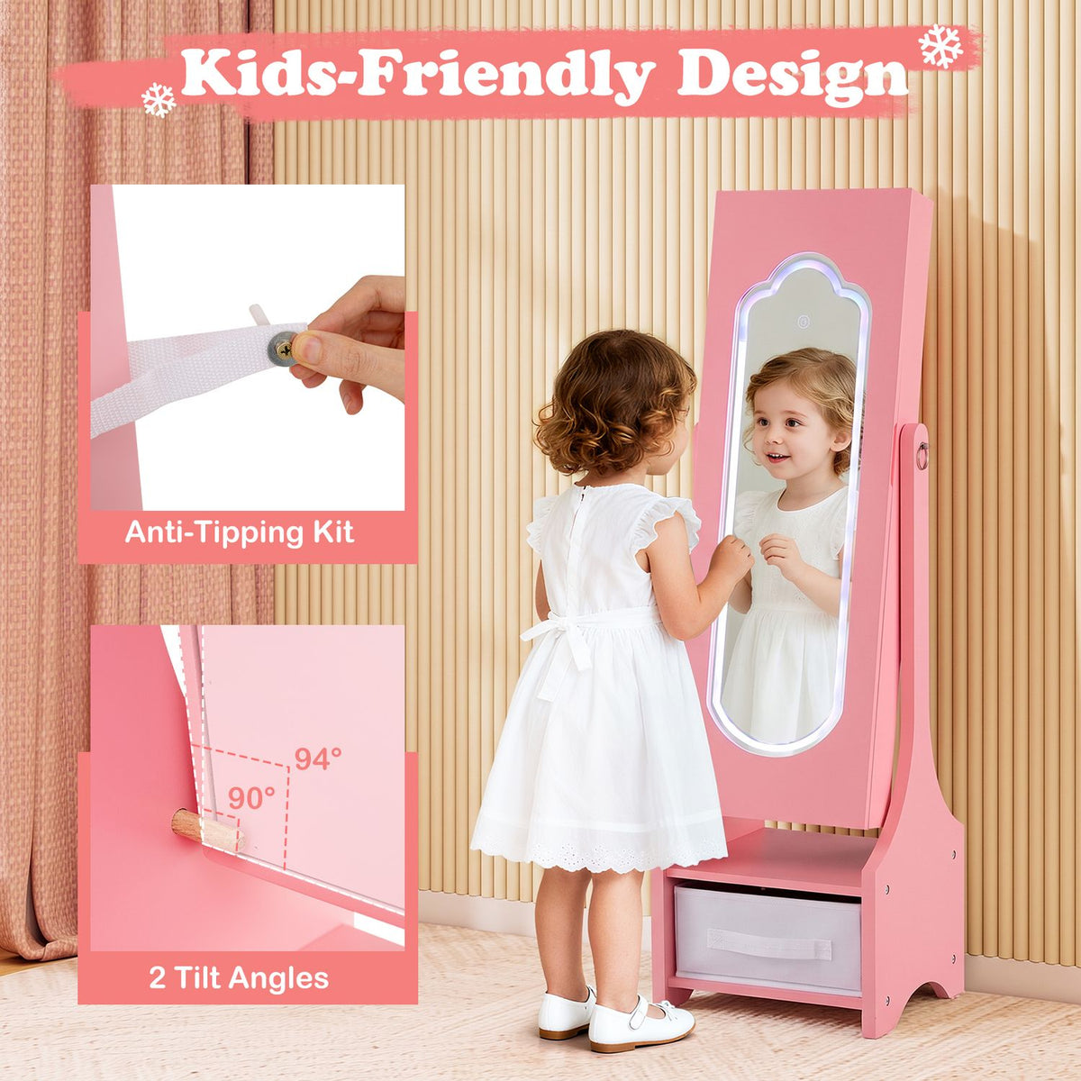 Kids Jewelry Armoire Cabinet with LED Light and Full-Length Mirror Storage Slots-Pink