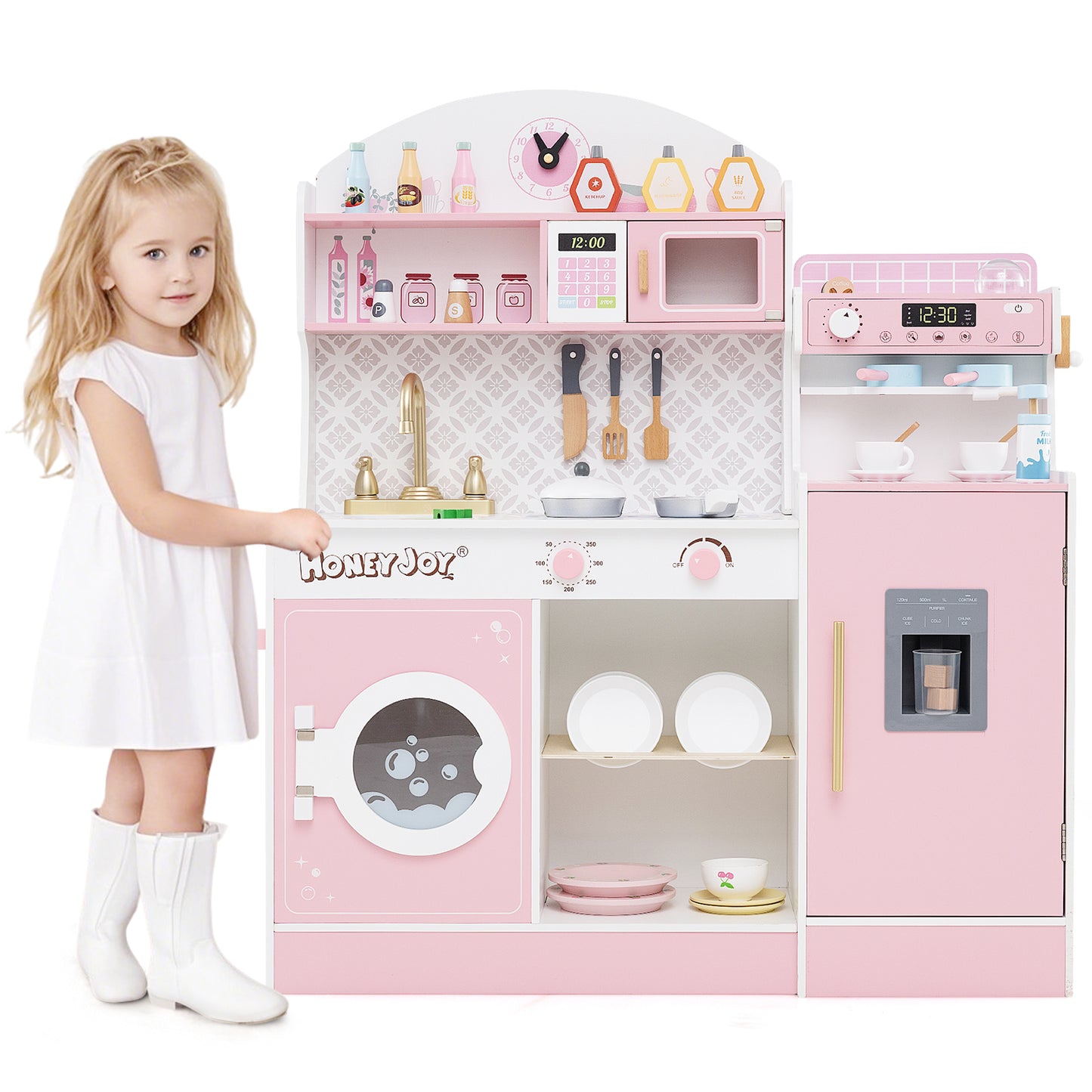 Kids Kitchen Set Wooden with Coffee Makers and Accessories-Pink - Pink