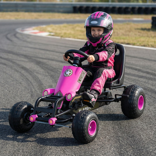 Kids Pedal Go Kart with Steering Wheel and Gear Shifter and Handbrake-Pink