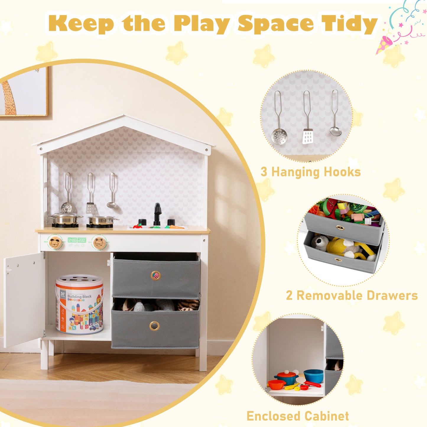 Kids Play Kitchen Children Toy Kitchen Playset with 2 Stoves and Rotation Knobs-White