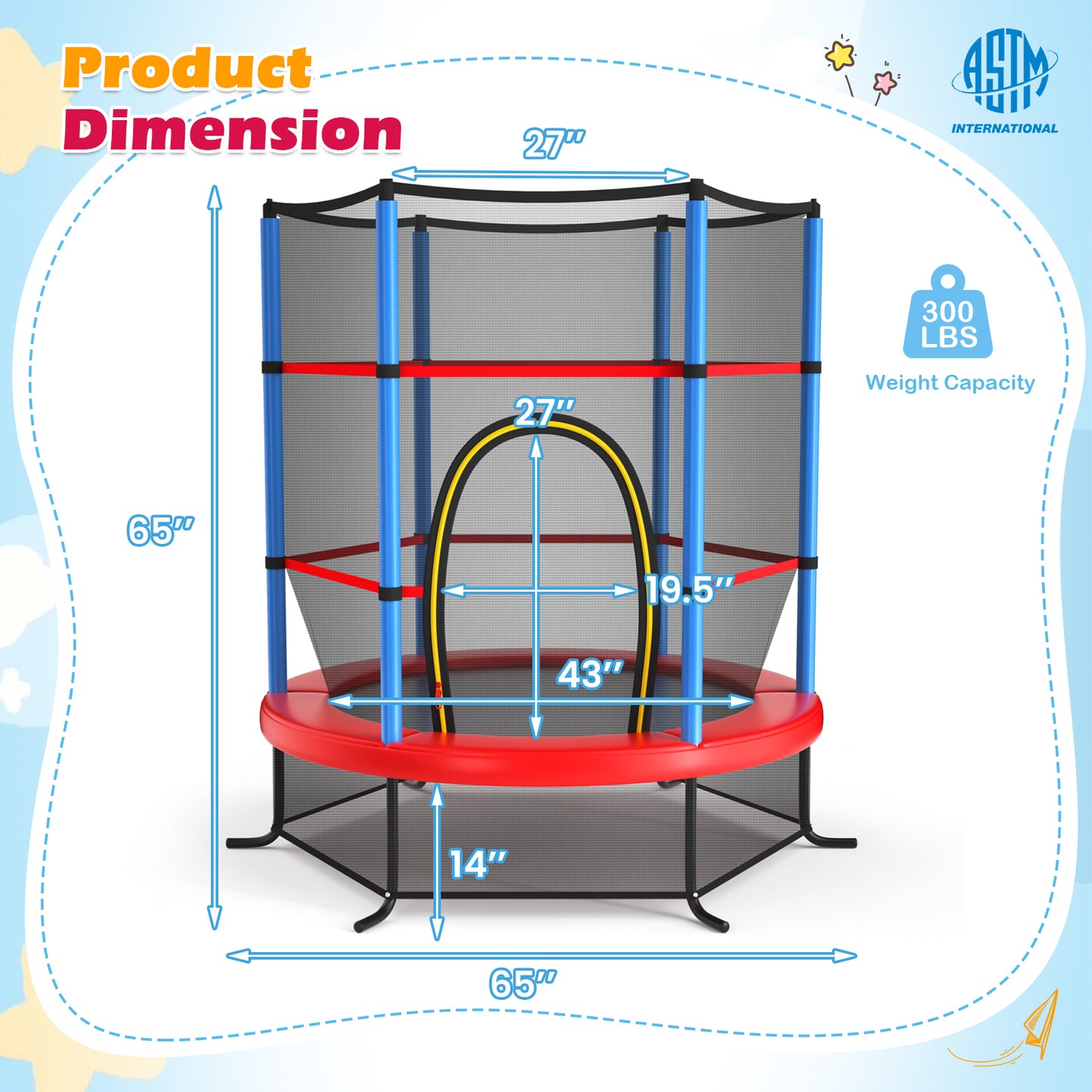 55 Inch Kids Recreational Trampoline Bouncing Jumping Mat with Enclosure Net-Yellow - Navy