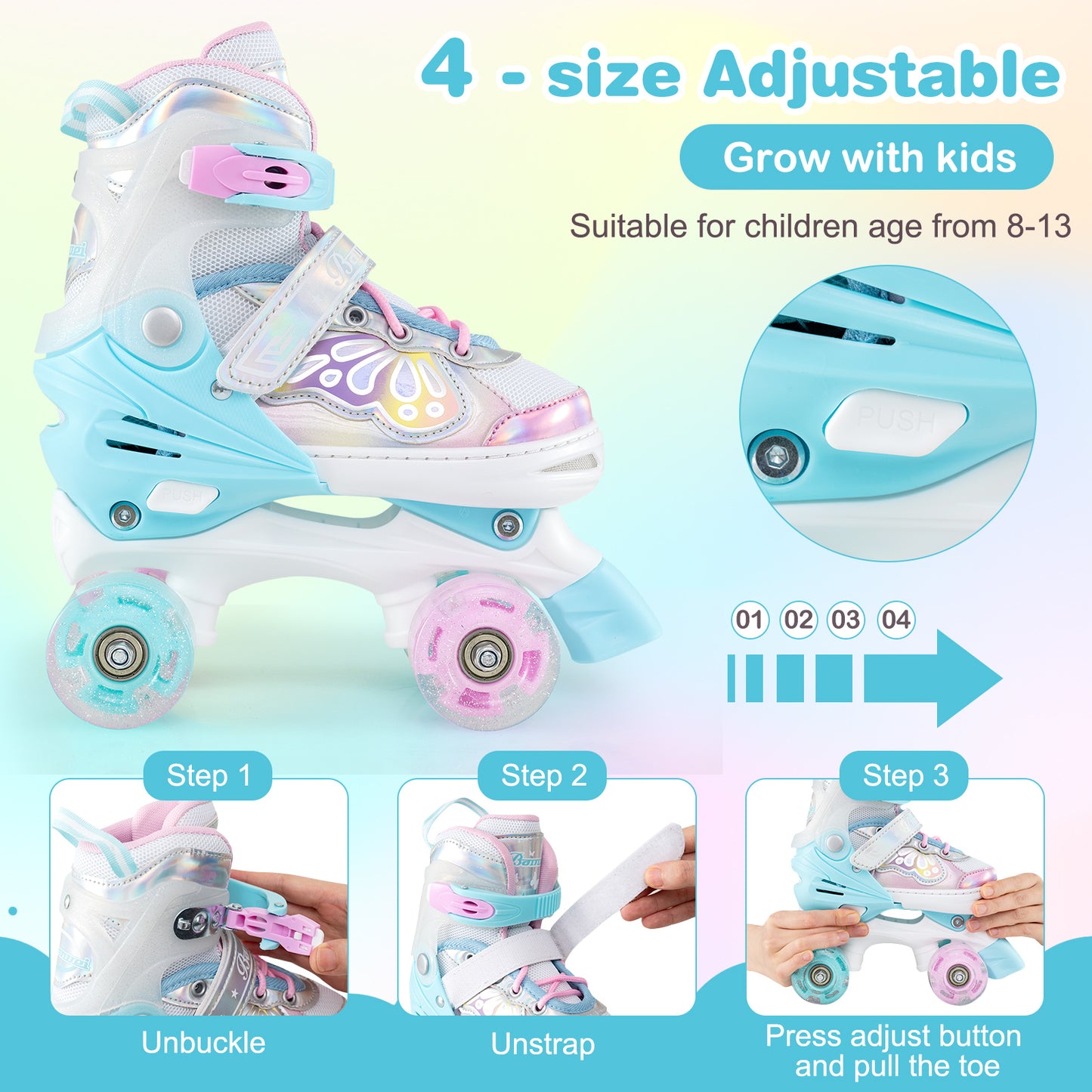 Kids Roller Skates 4 Sizes Adjustable Quad Skates with Light-up Wheels-Navy