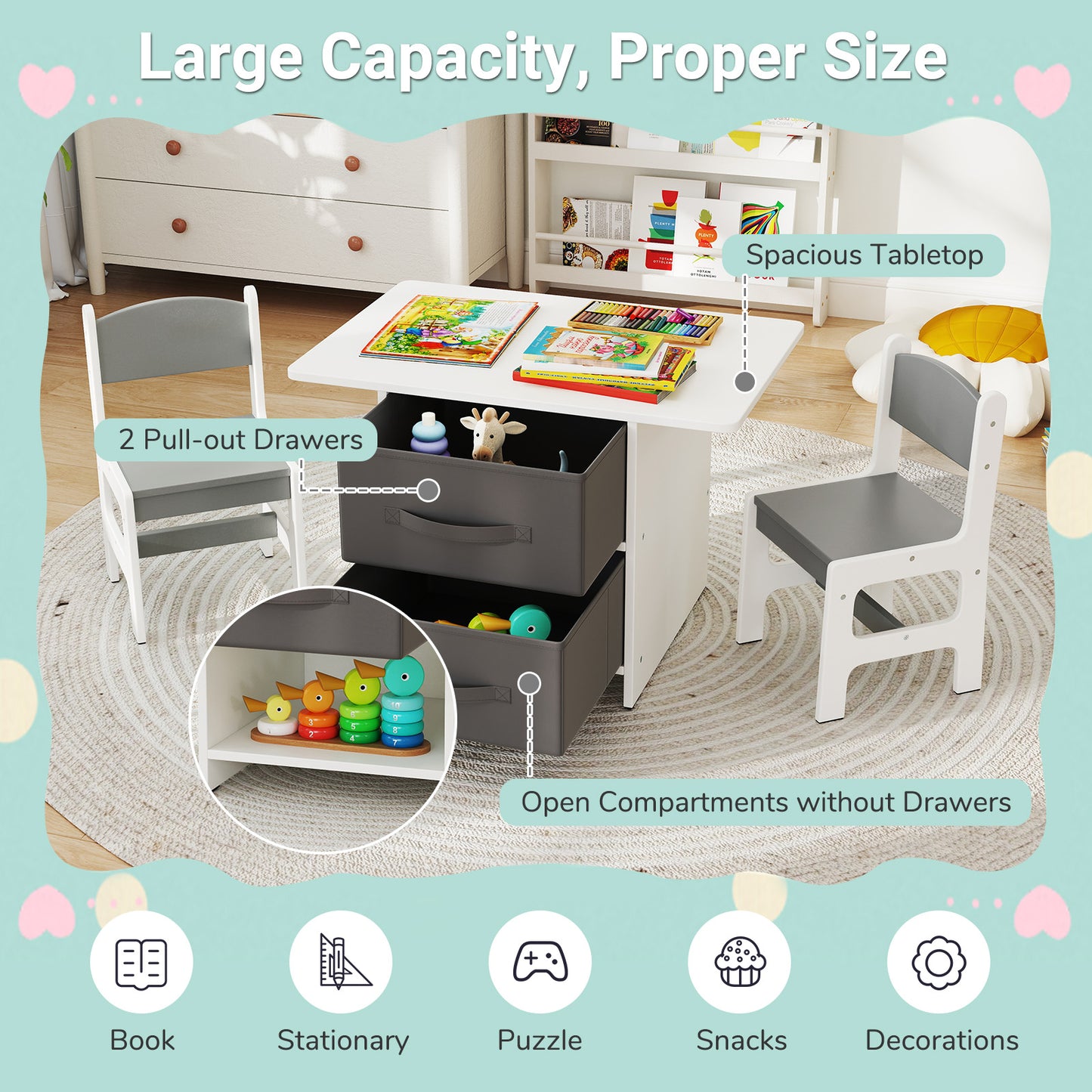 Kids Table and 2 Chairs Set Removable Storage Drawers