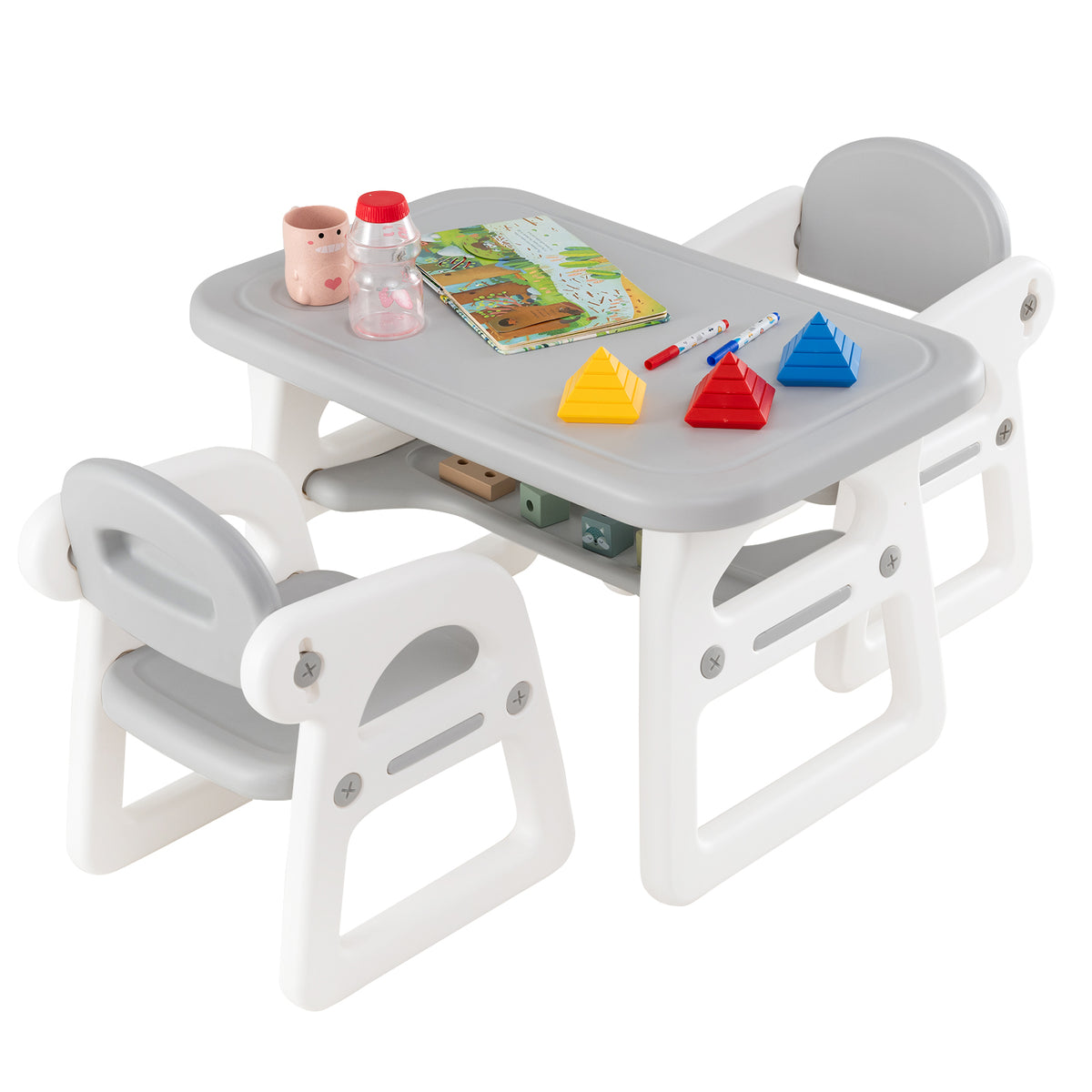 Kids Table and Chair Set with Building Blocks-Pink & Purple - Gray