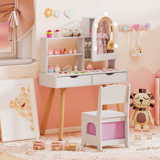 Kids Vanity Set Pretend Play Dressing Table Set with 3-Color Lighting Modes Adjustable Brightness and Mirror Cabinet-White