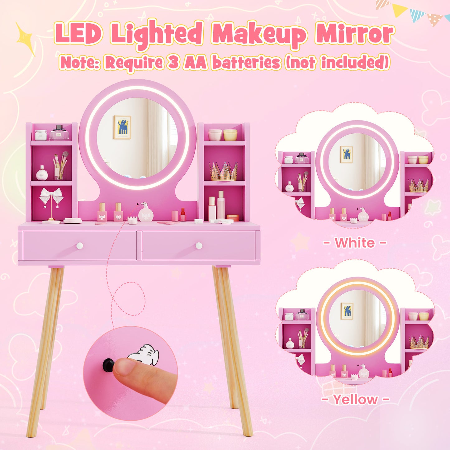 Kids Vanity Set with Lighted Mirror and Storage Drawers