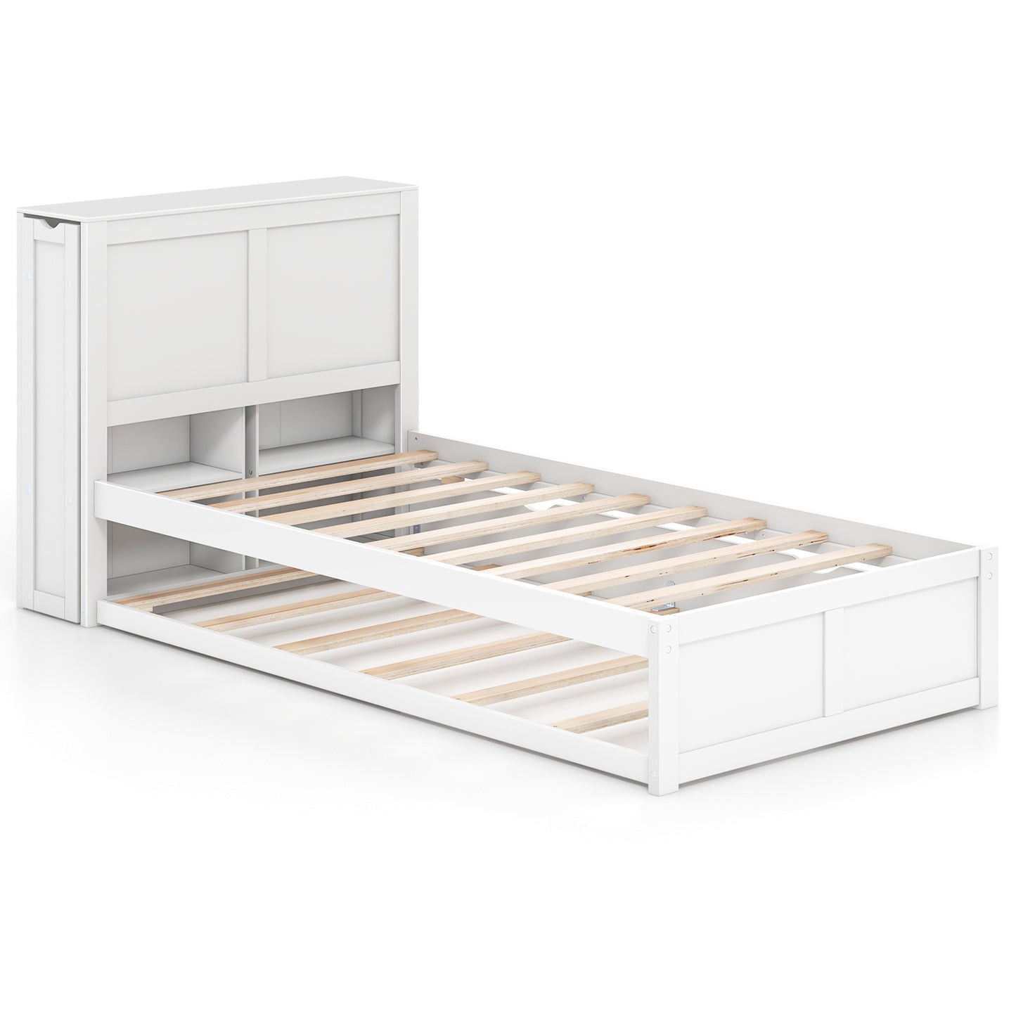 Twin/Full Kids Wooden Platform Bed with Trundle Storage Headboard-Twin Size - Twin Size